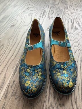 John Fluevog Barnett Blue Floral Mary Jane Flats with Buckle